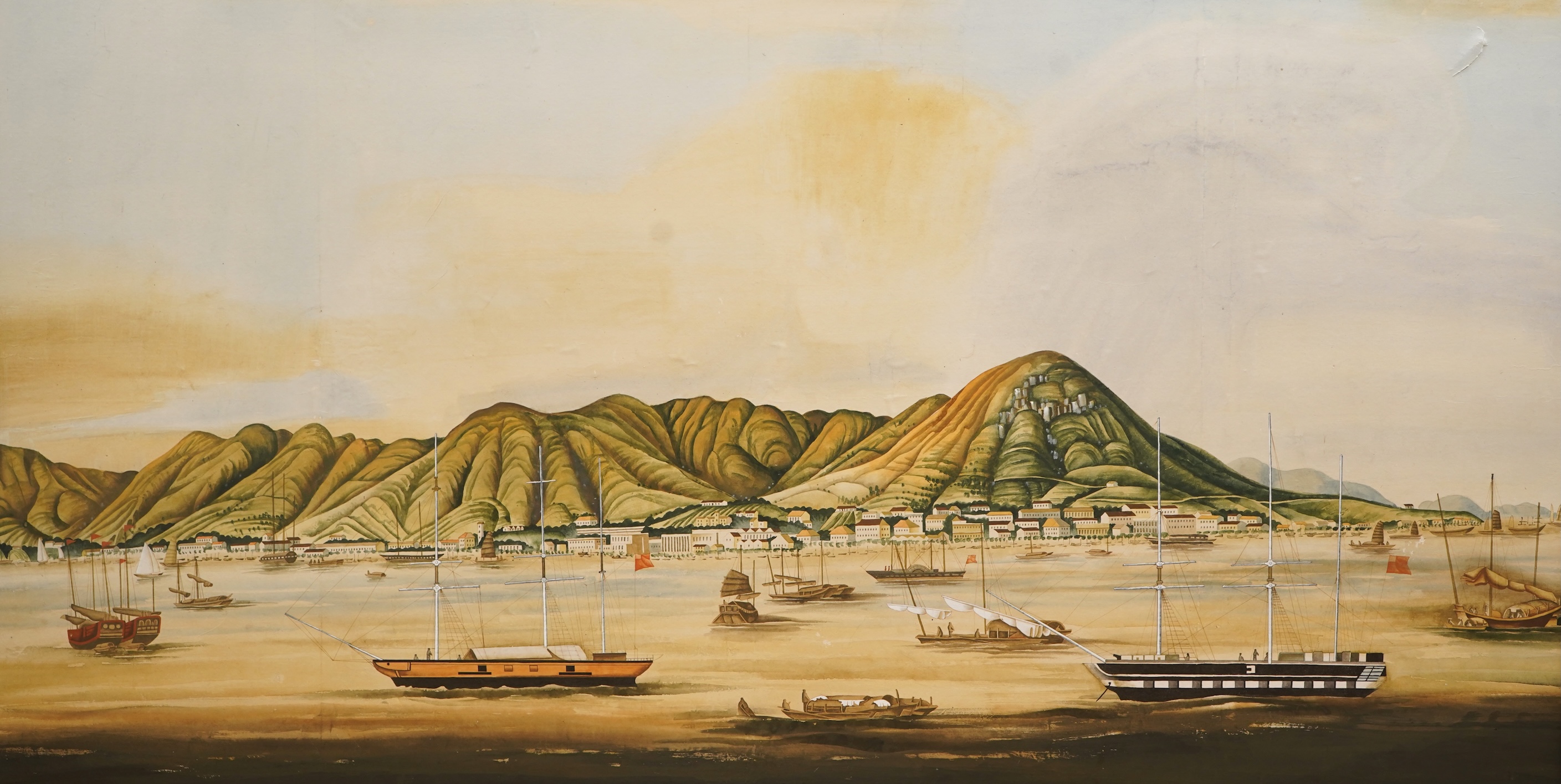 Chinese School, Harbour view with boats and junks, unsigned, gouache, mounted, unframed, 73 x 135cm